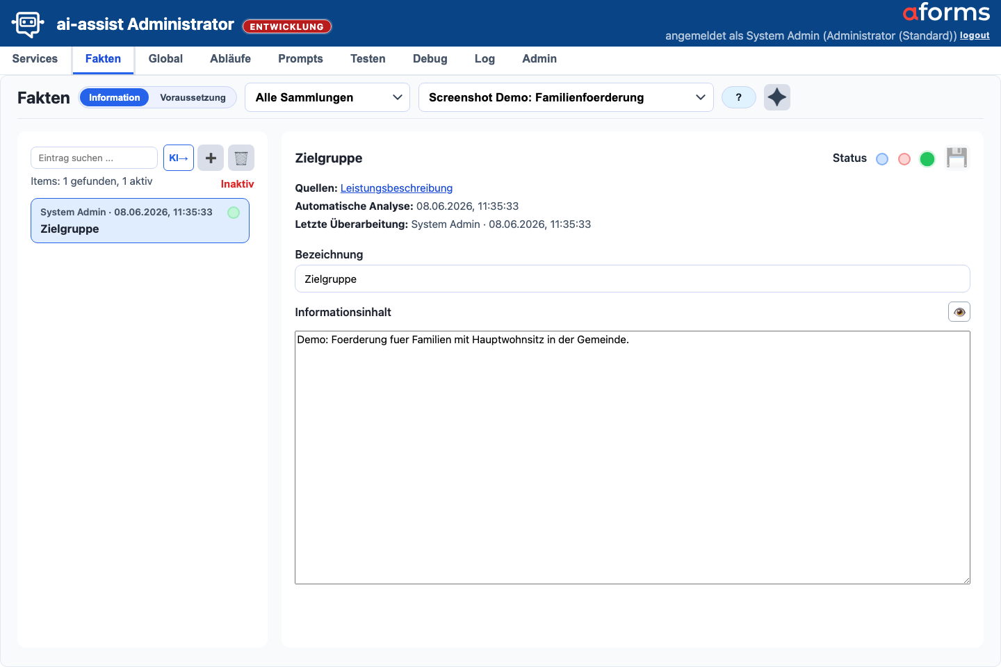 Fakten-Maske in der Sicht Information mit Servicefilter, Faktenliste und Detailbereich