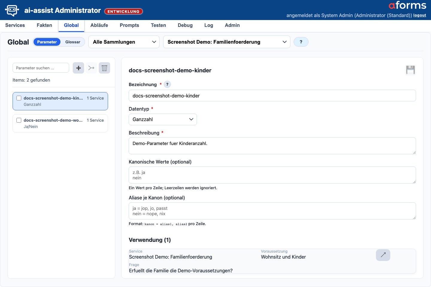 Global-Maske in der Parameteransicht mit Parameterliste, Verwendungen und Detailformular