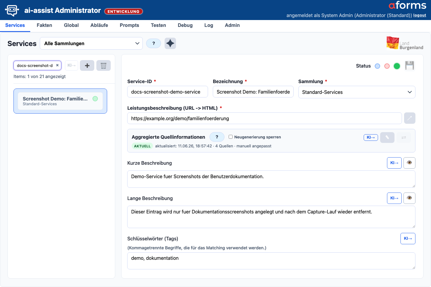 Services-Maske mit Navigation, Sammlungsfilter, Service-Liste, Detailformular, aggregierten Quellinformationen und KI-Aktionen
