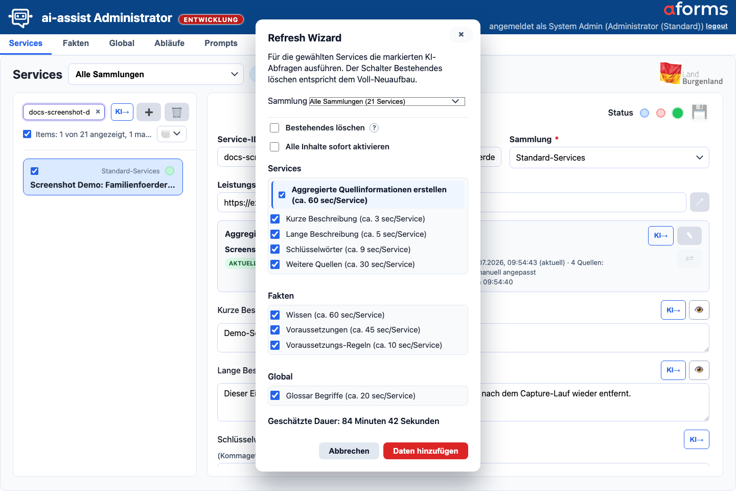 Refresh Wizard in der Services-Maske mit Sammlungsauswahl, Schutzoptionen, Aufgabenblöcken und Aktionen